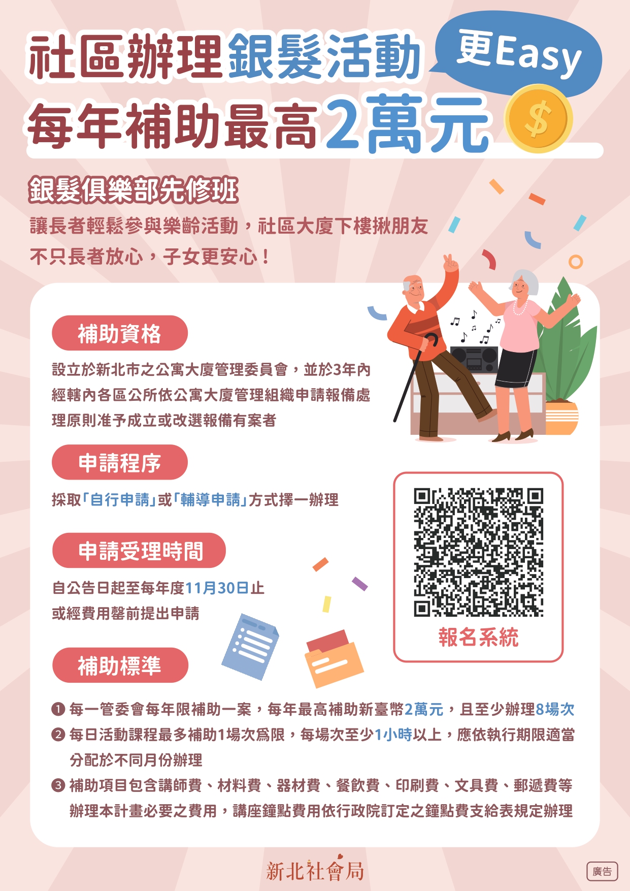 新北市政府社會局補助社區辦理銀髮俱樂部先修班